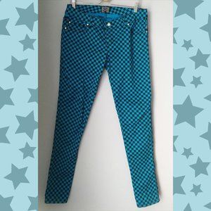 Tripp NYC size 11 black and blue checkerboard low waisted skinny jeans pants